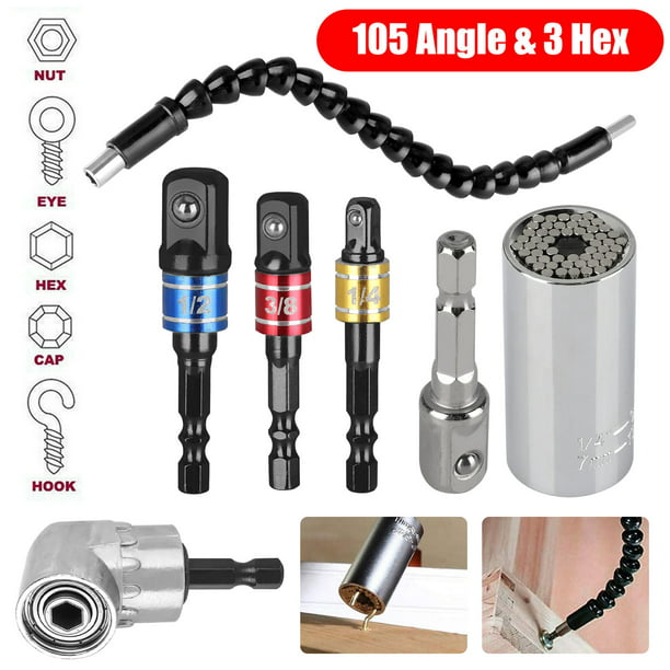 Impact Grade Socket Wrench Adapter Extension Set+Right Angle Drill,105 Degree Right Angle Driver Extension Screwdriver Drill Attachment,3Pcs 1/4 3/8 1/2 Hex Shank Drill Nut Driver Bit Set 